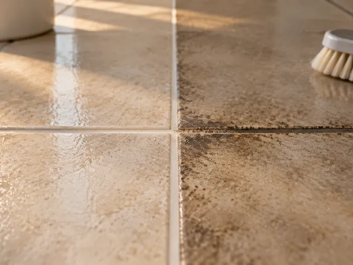 A close view of a floor tile grout line, half of it scrubbed pale and half still dark with grime, no people