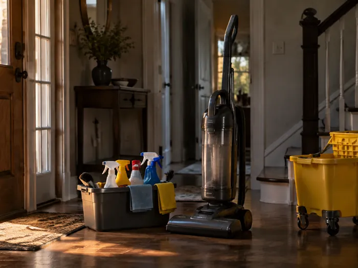 A cleaning caddy, upright vacuum and mop bucket staged in an entry hall at the start of a job, the floor still dull, no people