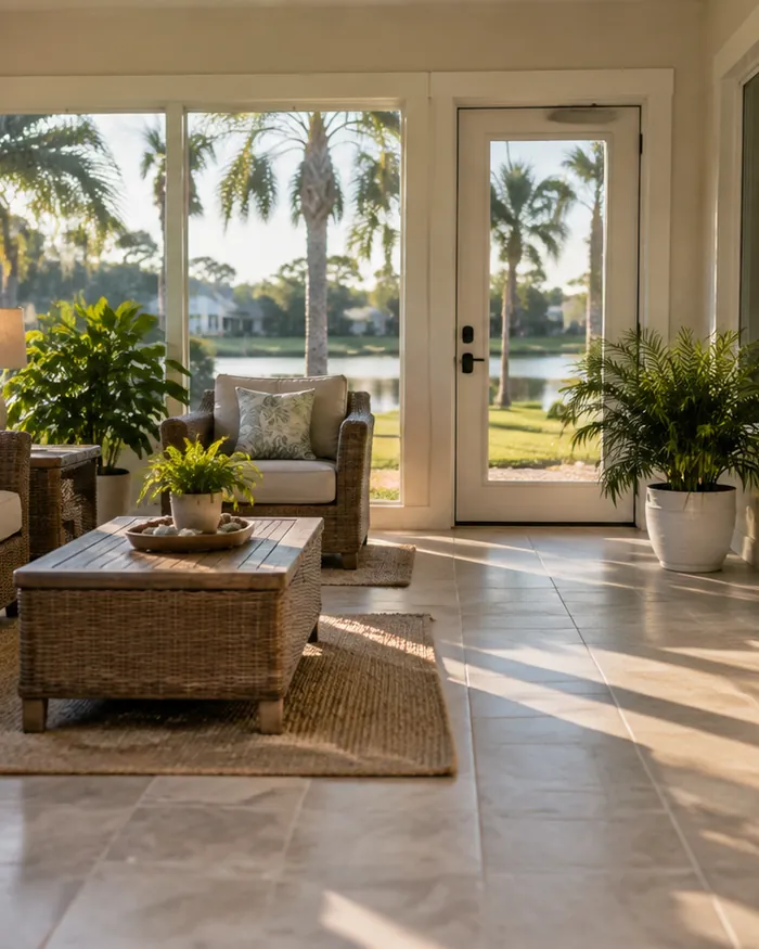 A newly renovated room with construction dust cleaned off the window ledges, trim and tile floor
