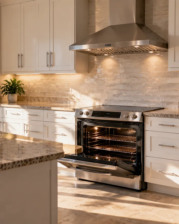 A kitchen with the oven door open on a clean rack and a degreased hood above the stove