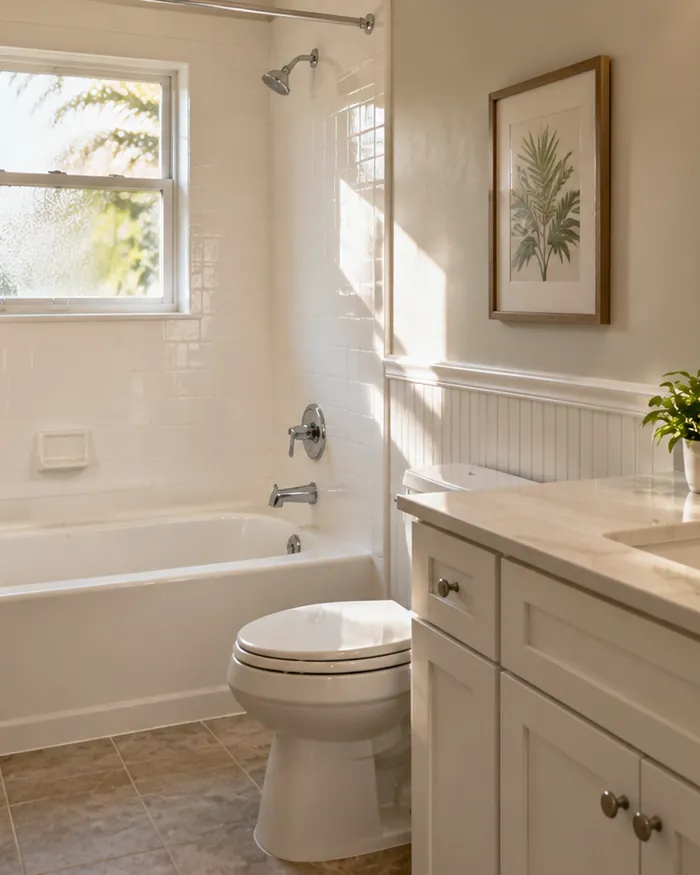 A scrubbed white tub, brightened grout and a clear mirror in a small bathroom