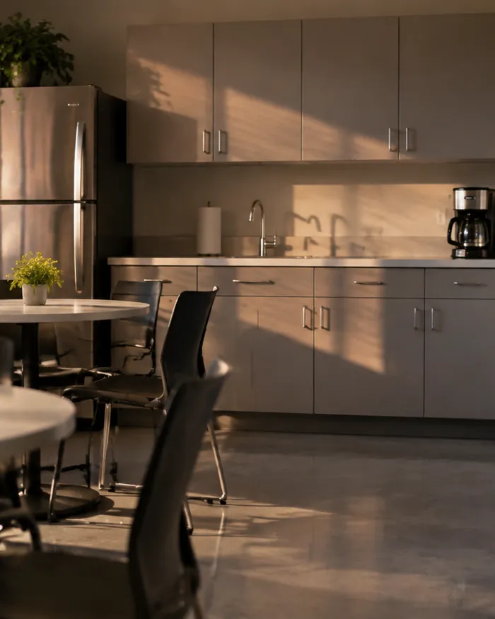 An office break room with clear counters, emptied bins and a mopped floor
