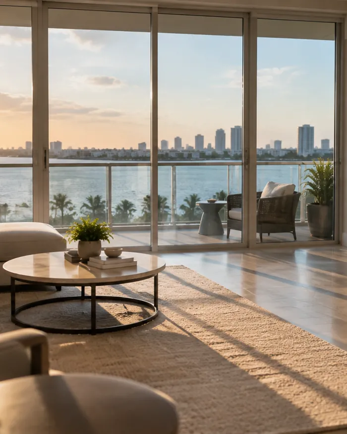 A condo living room with clean glass, vacuumed floors and squared cushions