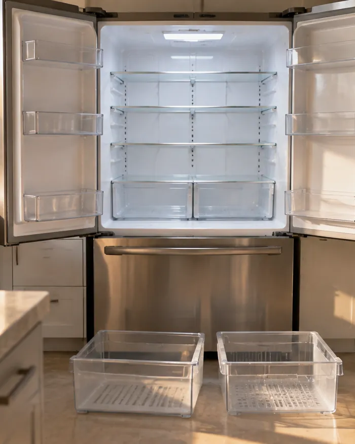 An open refrigerator with empty glass shelves wiped clean and scrubbed door seals